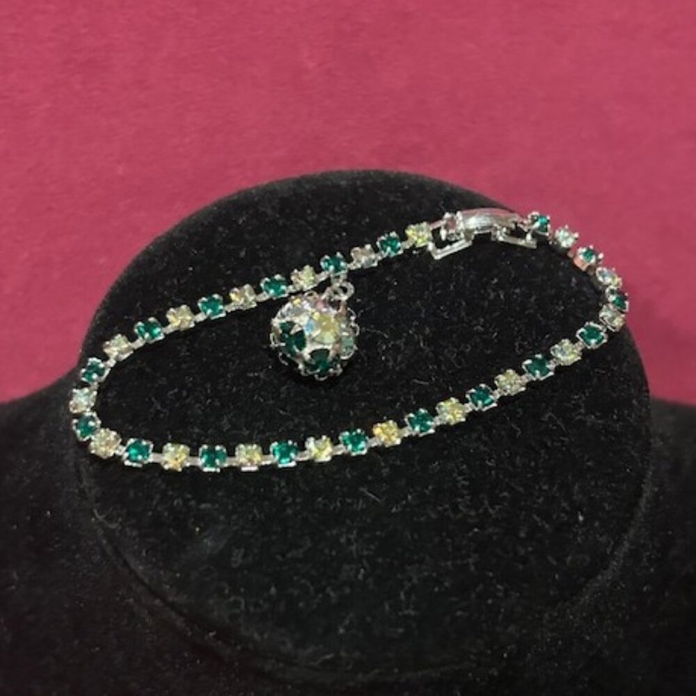ALBERT WEISS Green Rhinestone AB Dangling Ball Charm Bracelet